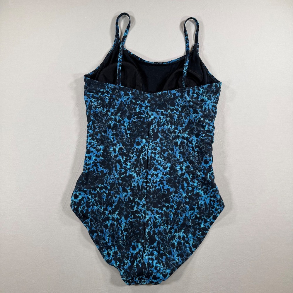 Speedo Womens Blue Black Abstract Print Ruched One Piece Swimsuit Size 16 - Picture 2 of 3